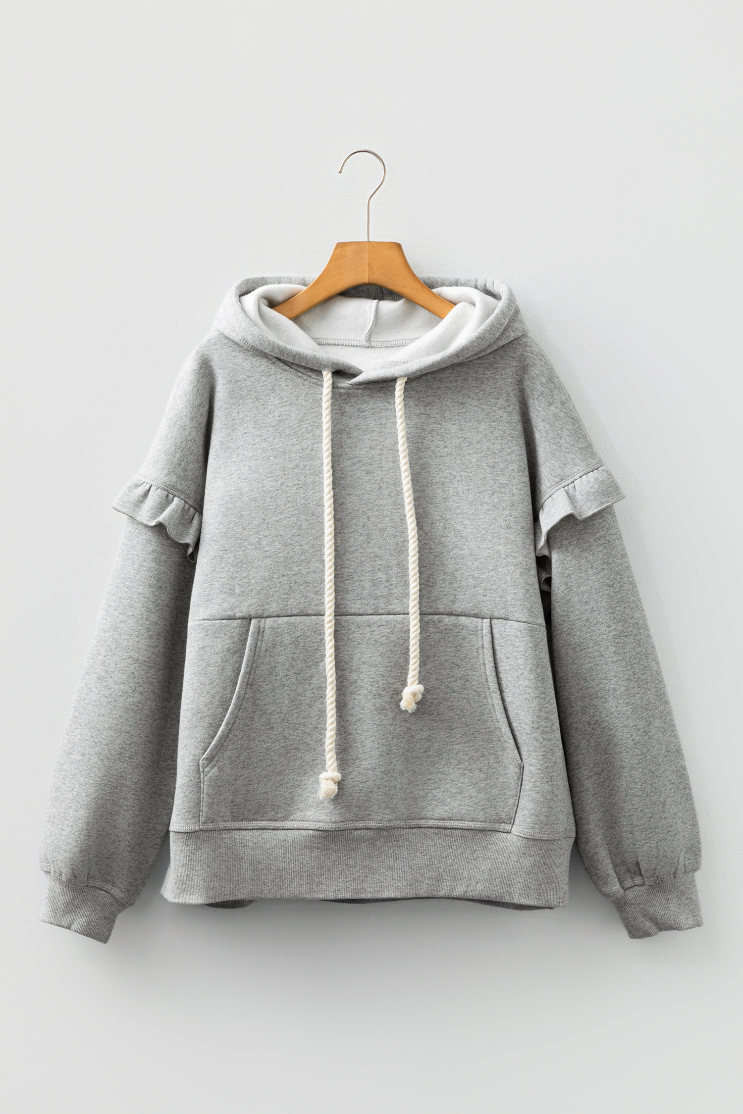 Gray Contrast Rope Drawstring Ruffle Trim Drop Shoulder Baggy Hoodie