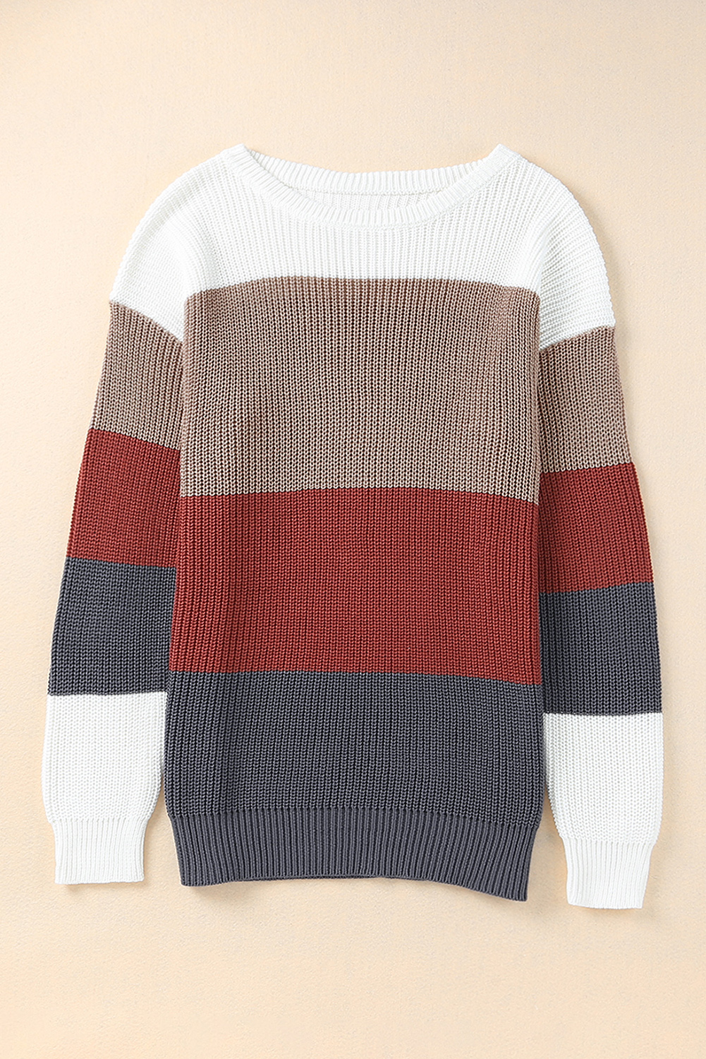 Chestnut Color Block Knitted O-neck Pullover Sweater