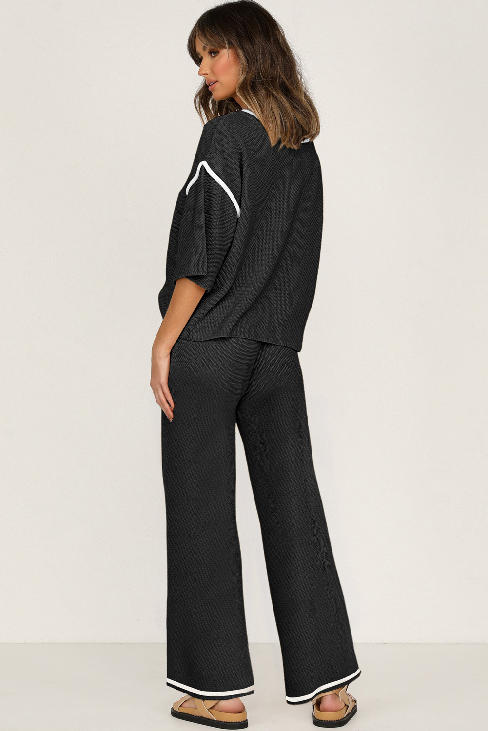 Blackish Green Contrast Trim Half Sleeve Top Drawstring Pants Loose 2pcs Sweater Suit