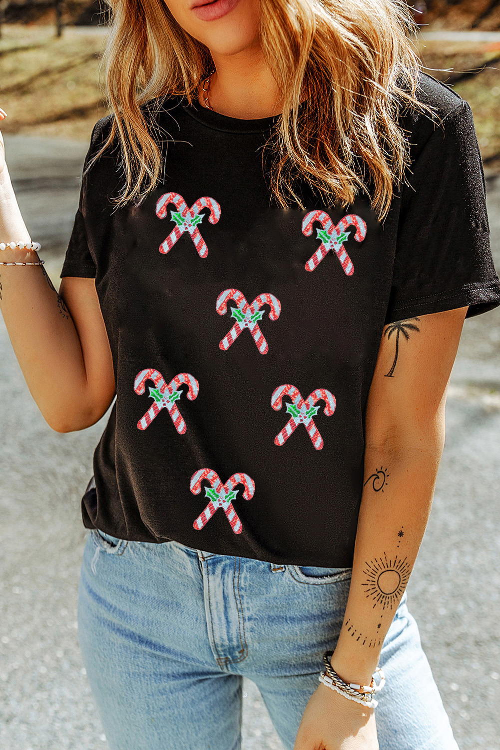 Black Holly Candy Cane Christmas Sequin Graphic T Shirt
