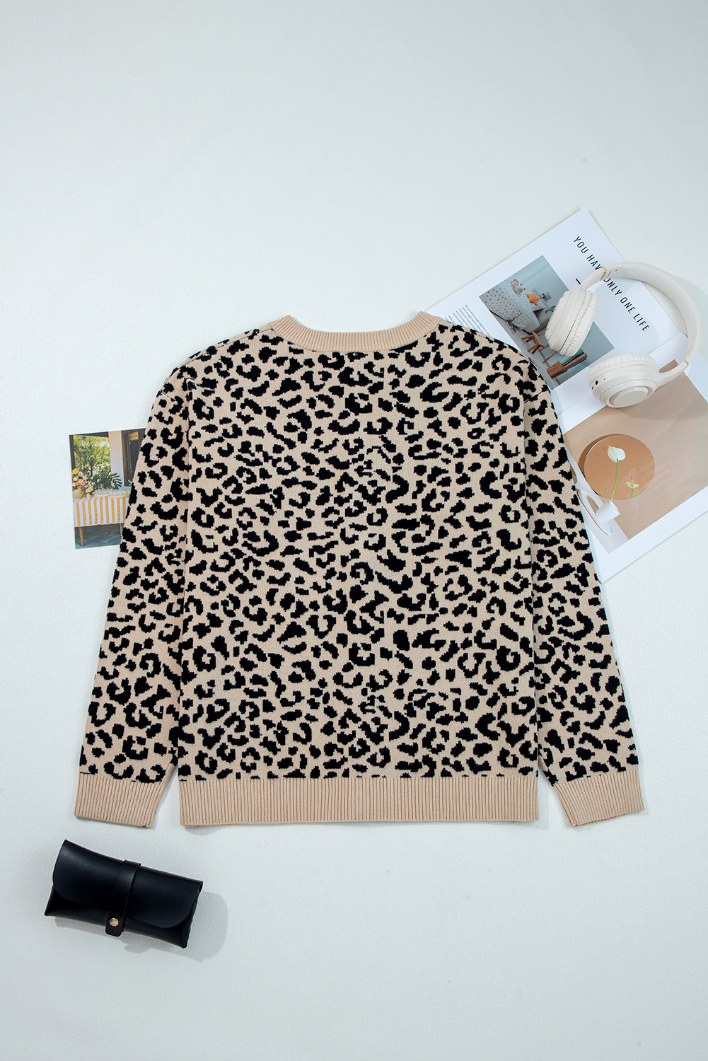 Black Leopard Drop Shoulder Chunky Knitted Cardigan Sweater
