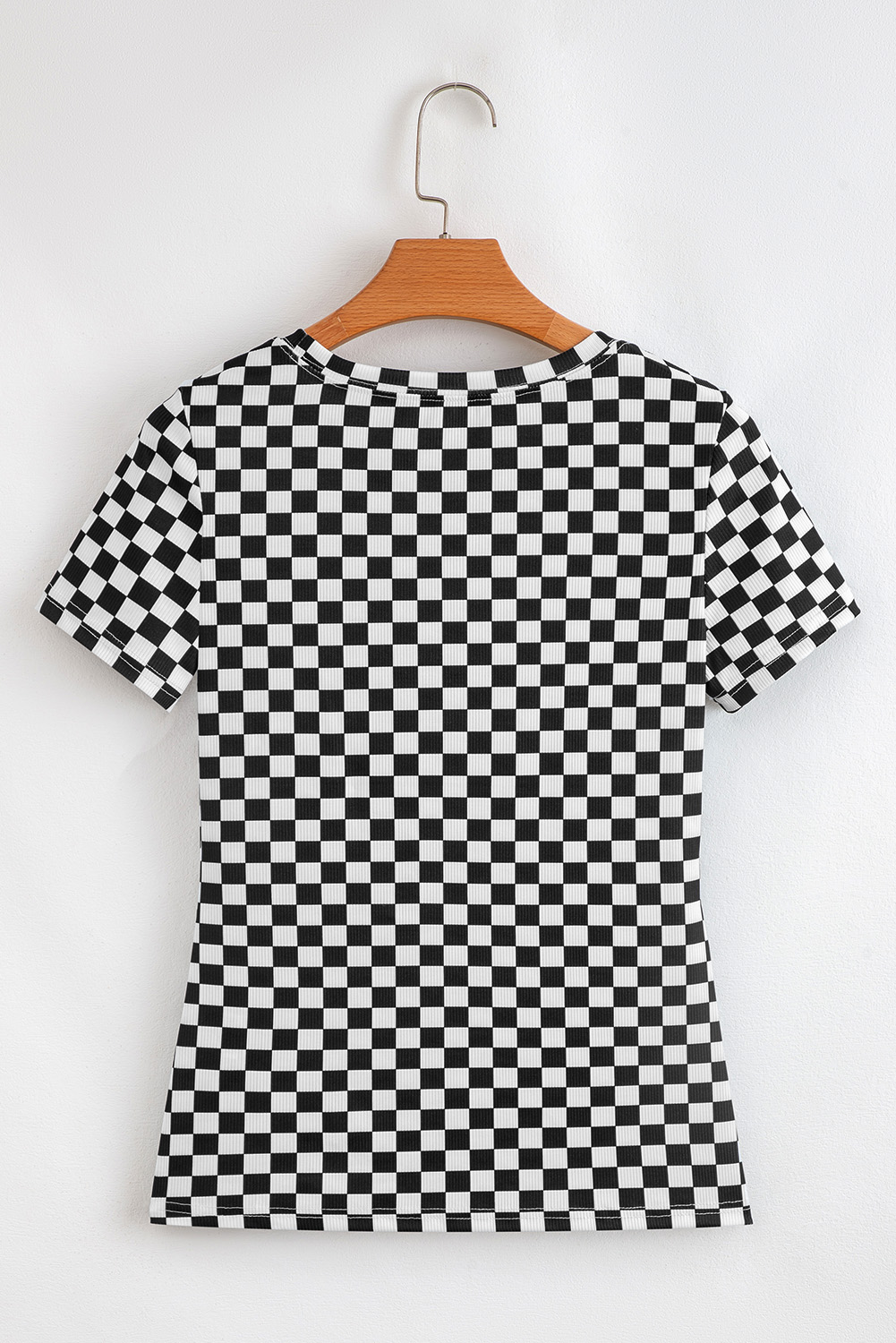 Pink Checkered Ribbed Slim Fit Crew Neck T Shirt