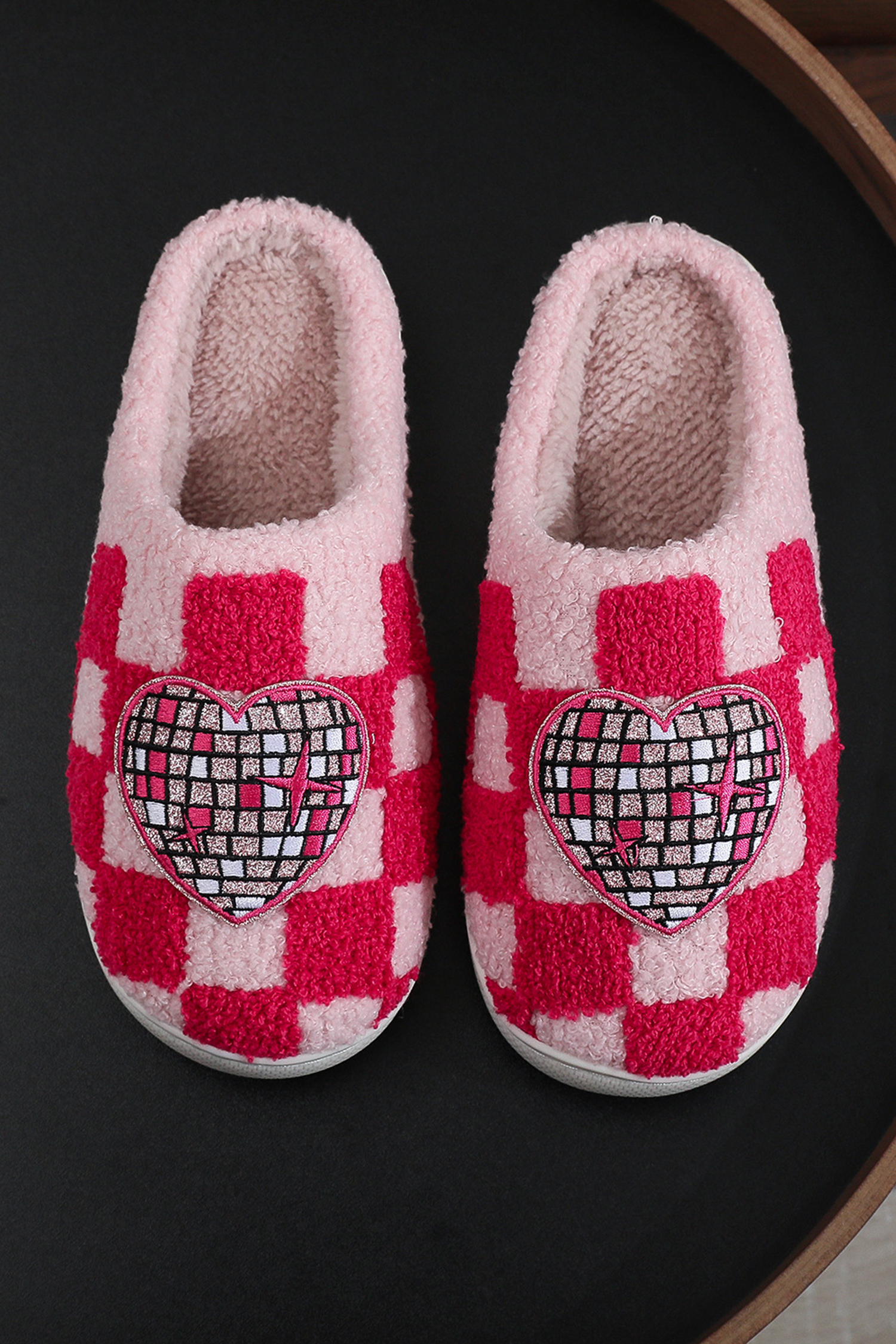 Fiery Red Disco Checkered Heart Plush Winter House Slippers