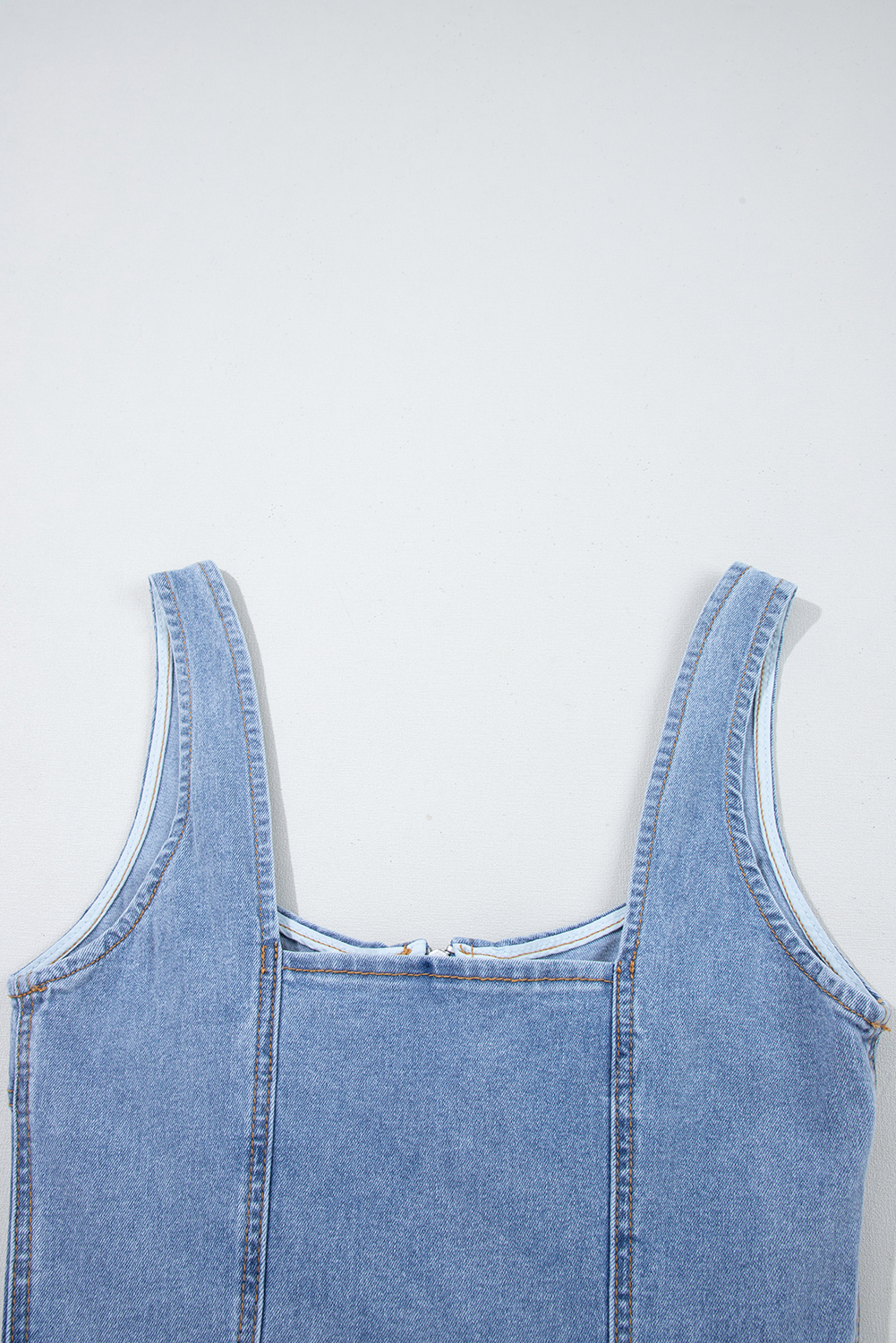 Beau Blue Seamed Zipper Square Neck Sleeveless Denim Mini Dress