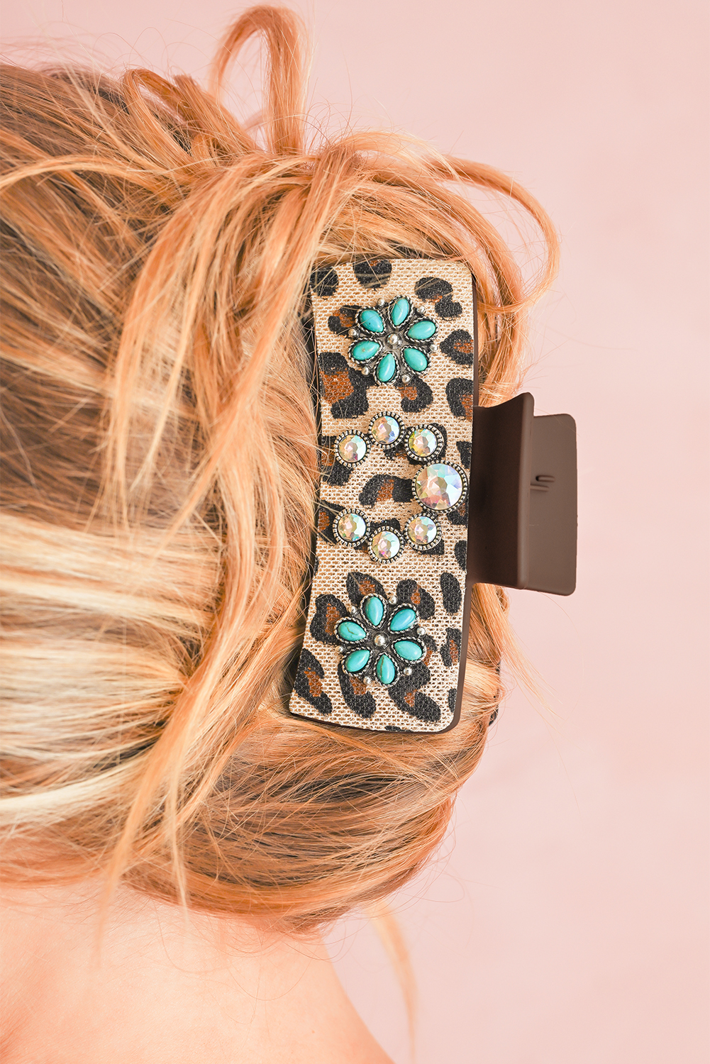Parchment Western Leopard Print Gem Turquoise Detail Jaw Hair Clip
