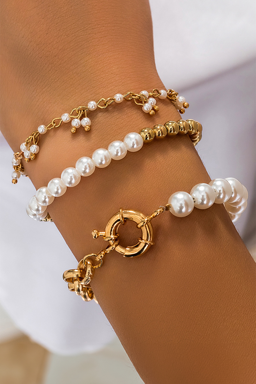 Gold 3pcs Pearl Plated Alloy Beaded Bracelet Set
