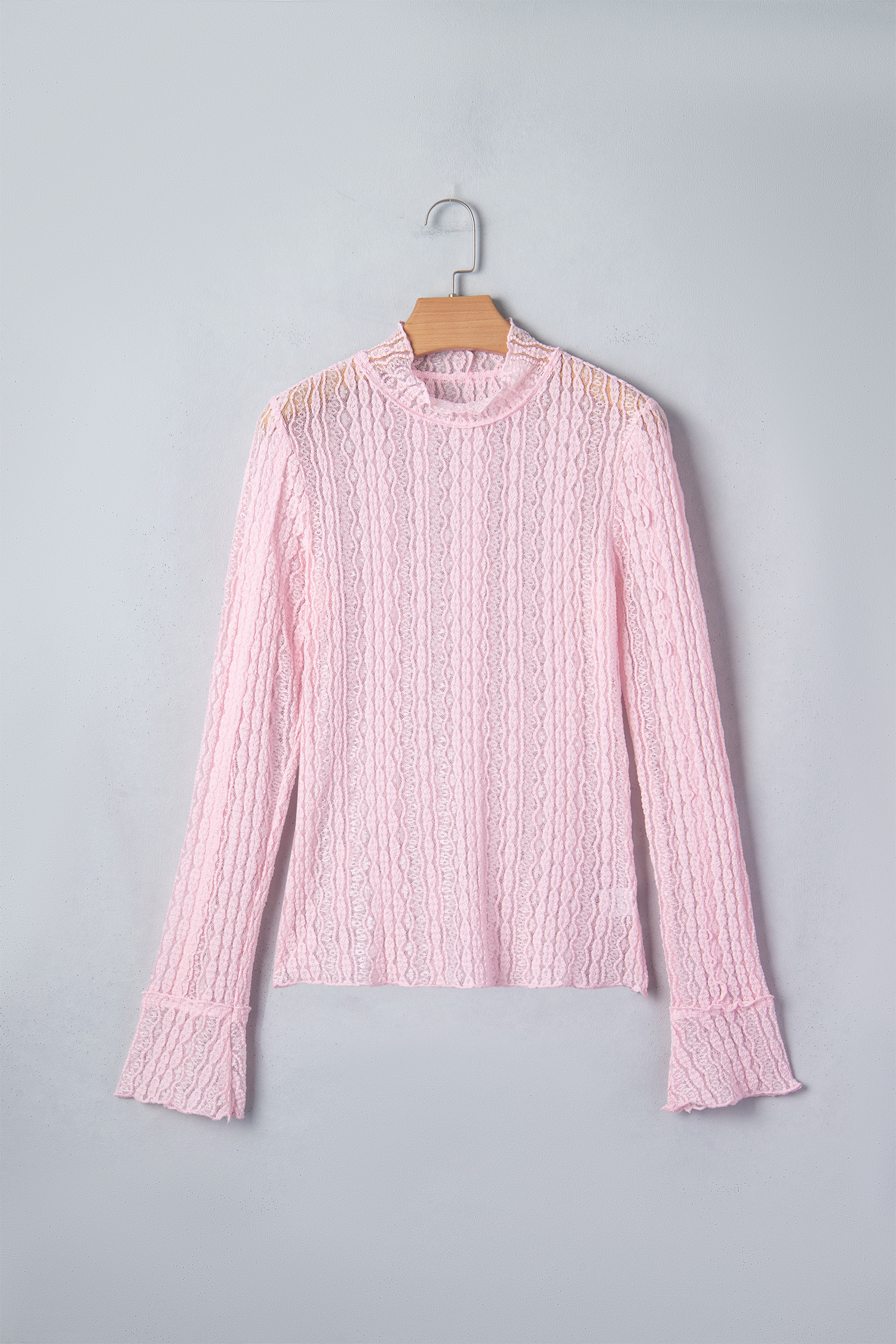Apricot Flounced Long Sleeve Mock Neck Sheer Lace Top