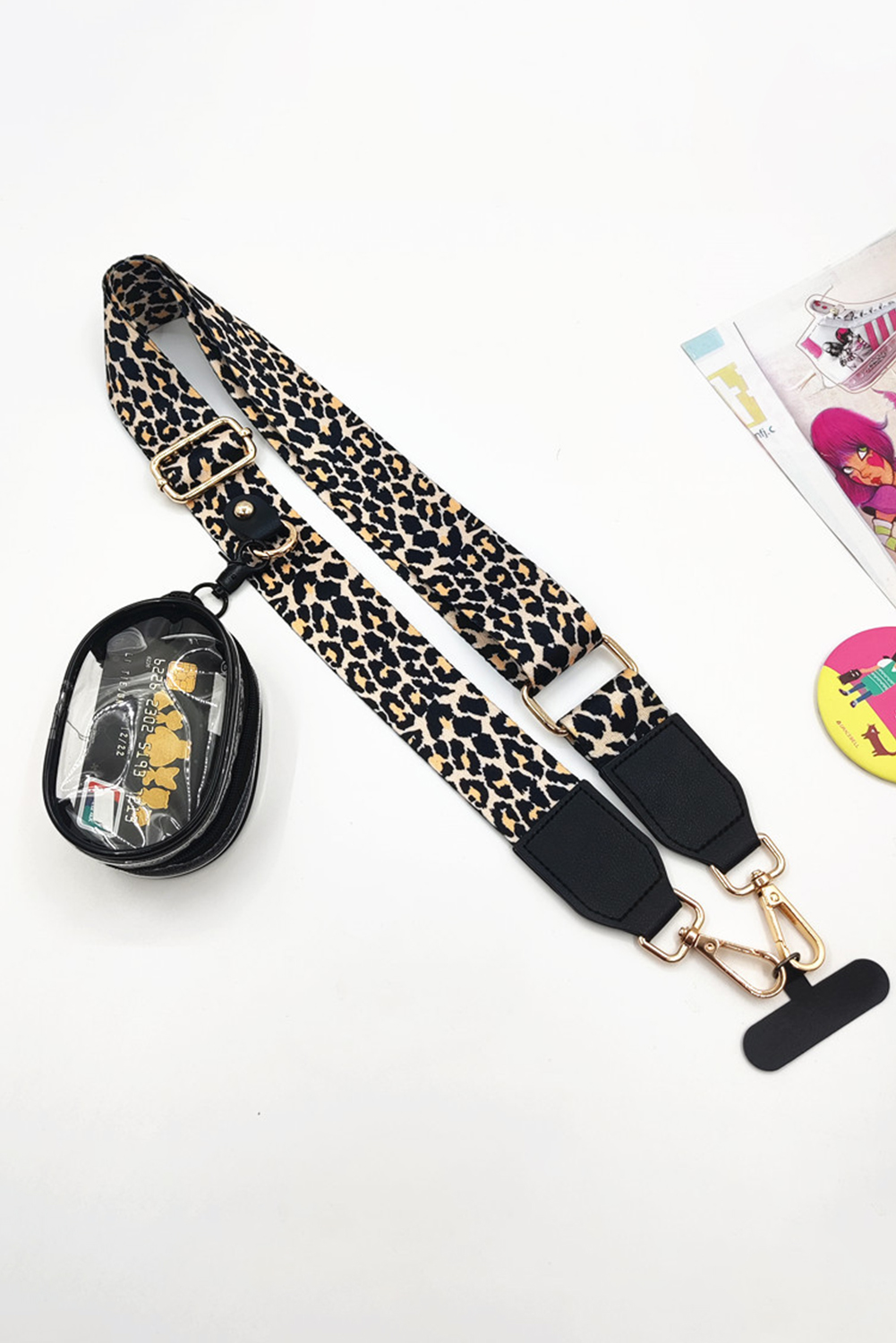 Black Leopard Adjustable Phone Hanging Shoulder Strap with Pouch