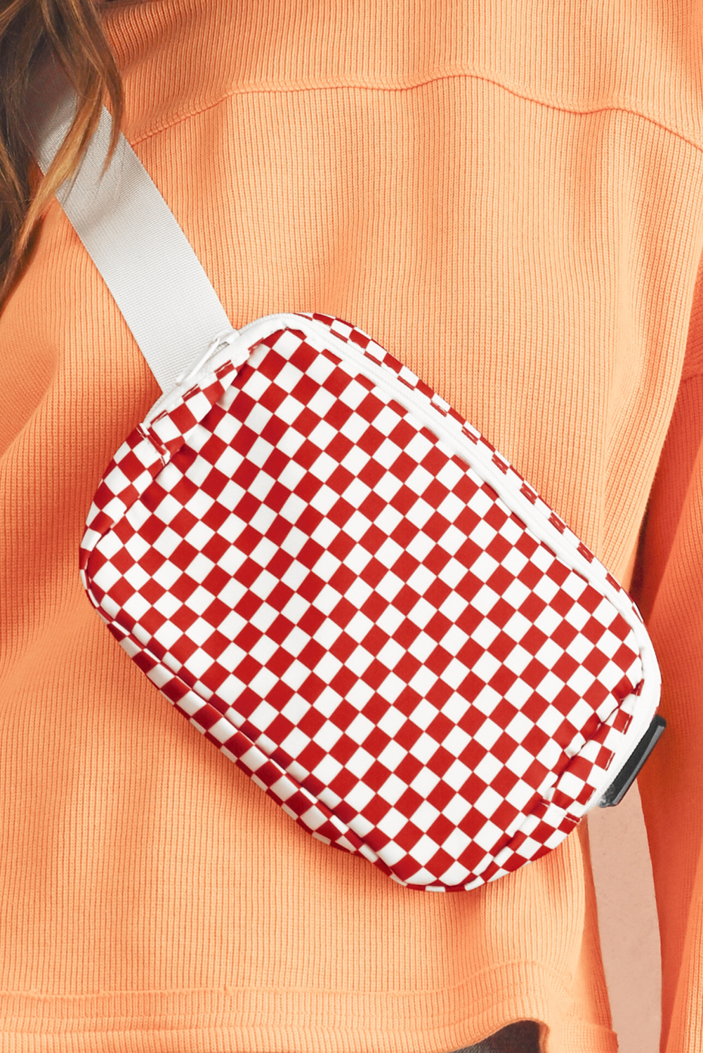 Fiery Red Checkered Print Zipped Buckle Strap Crossbody Bag
