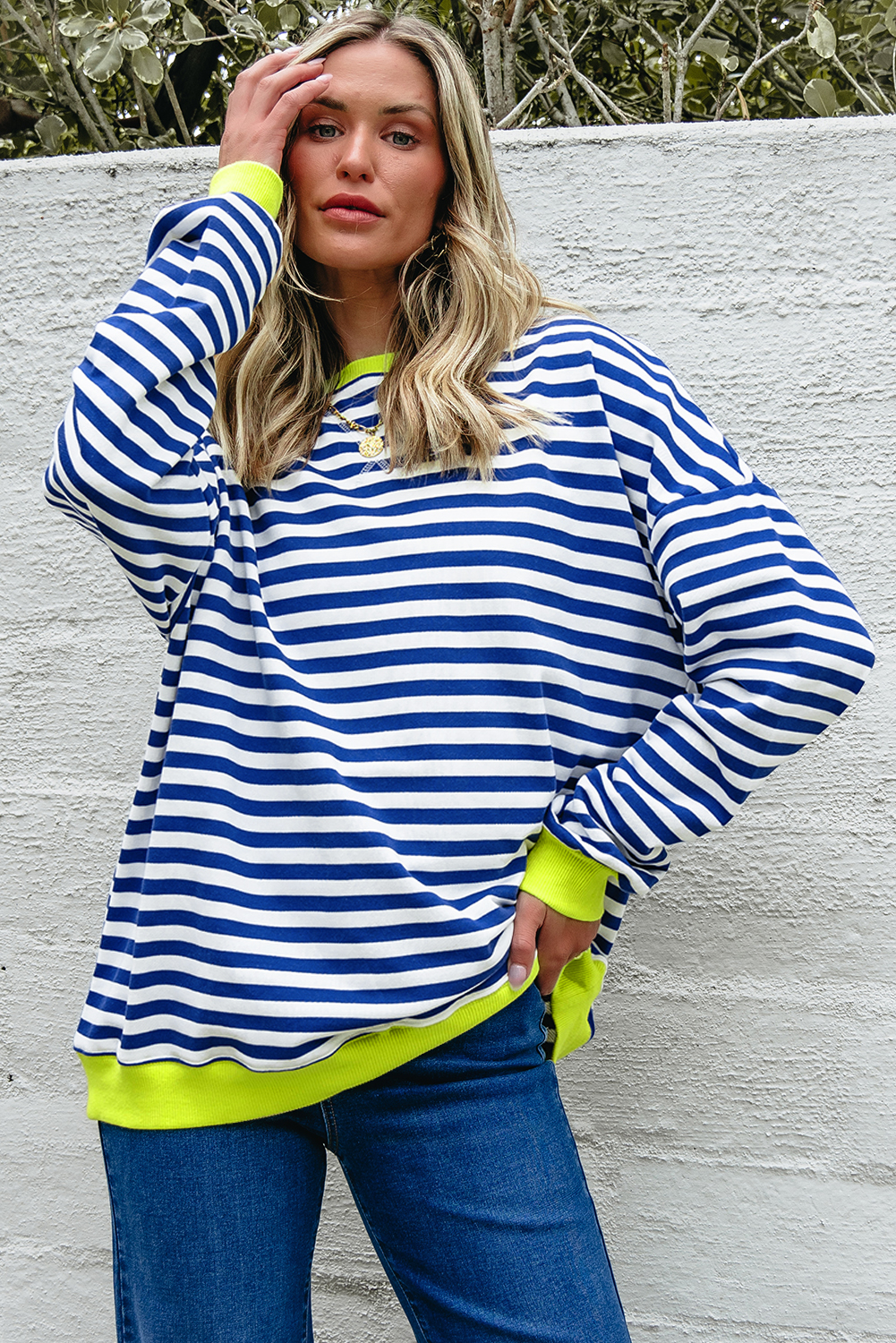Red Stripe Contrast Ribbed Trim Crossed Stitch Drop Shoulder Sweatshirt