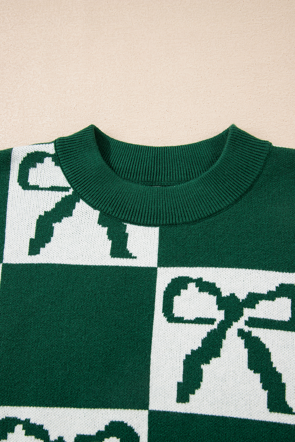 Blackish Green Checkered Bow Print Casual Sweater