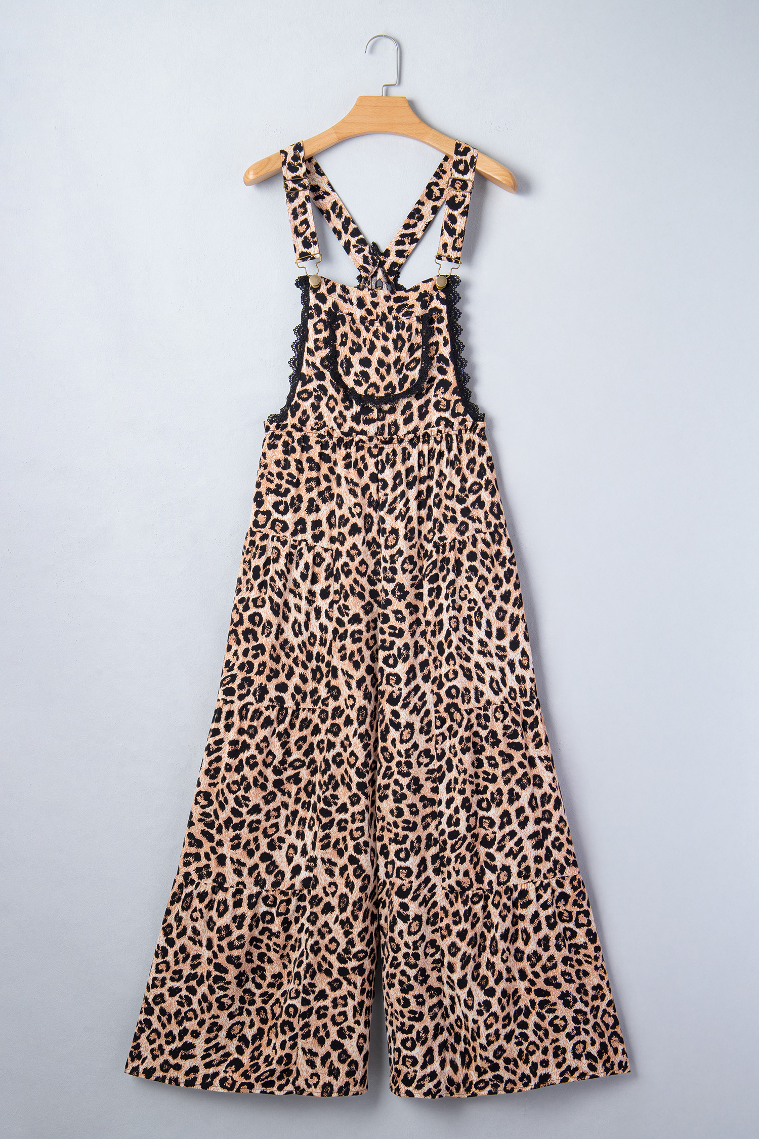 Khaki Cheetah Printed Contrast Lace Detail Ruffled Wide Leg Jumpsuit