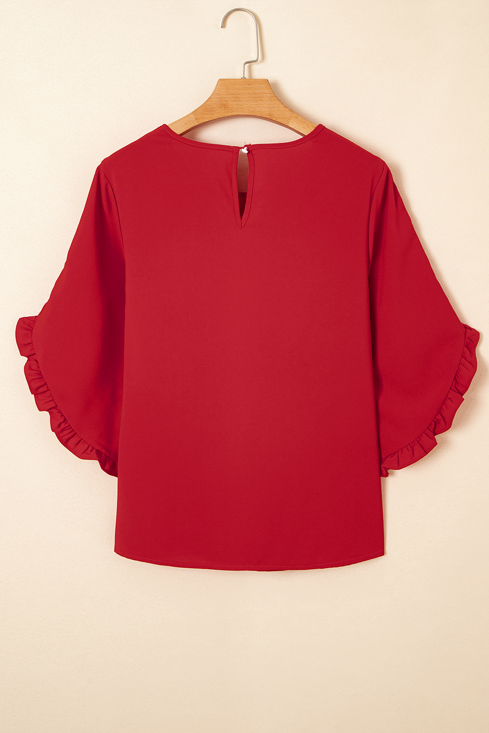 Black Ruffle Trimmed 3/4 Sleeve Round Neck Blouse