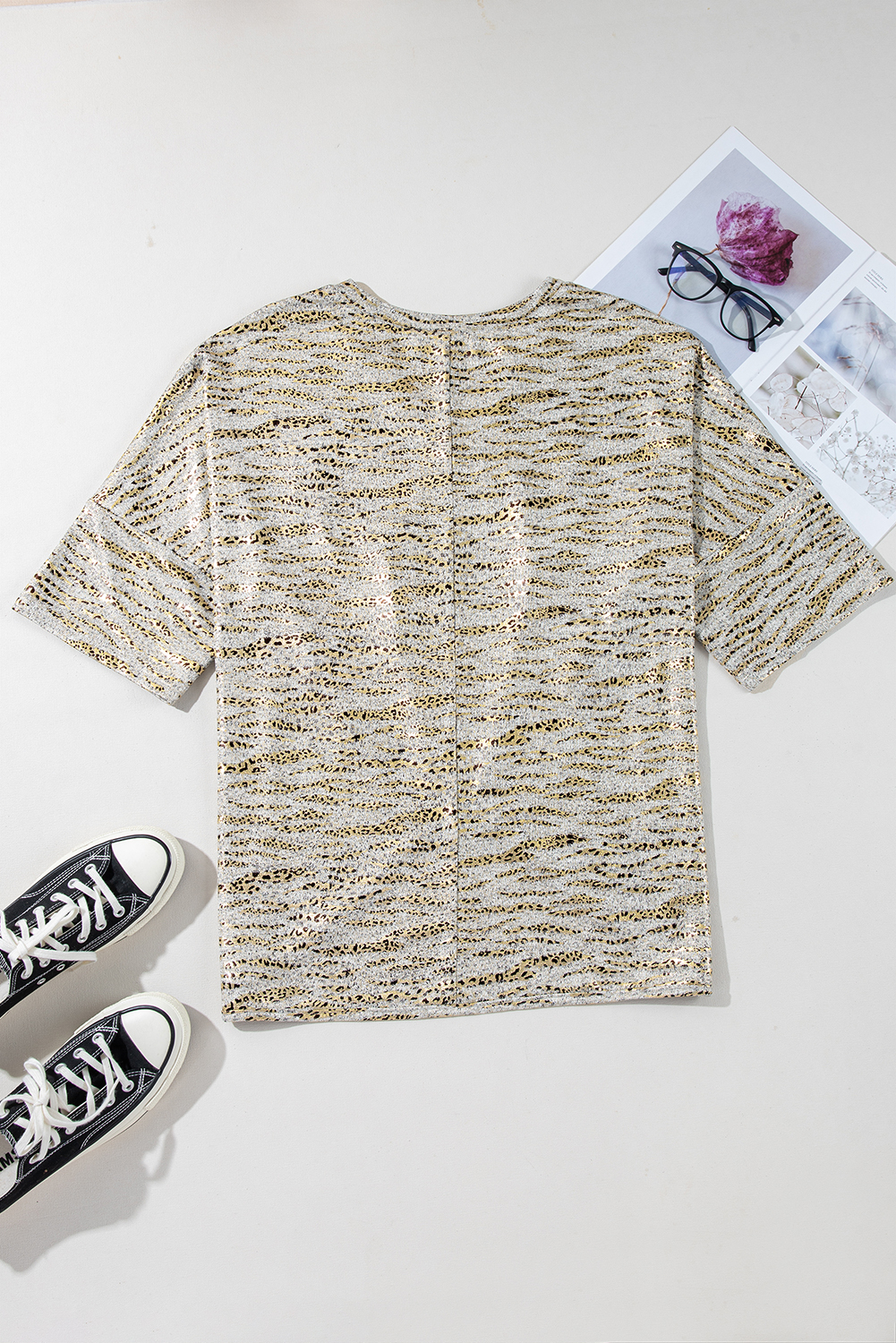 Gray Leopard Print Half Sleeve V Neck Loose Fit T Shirt