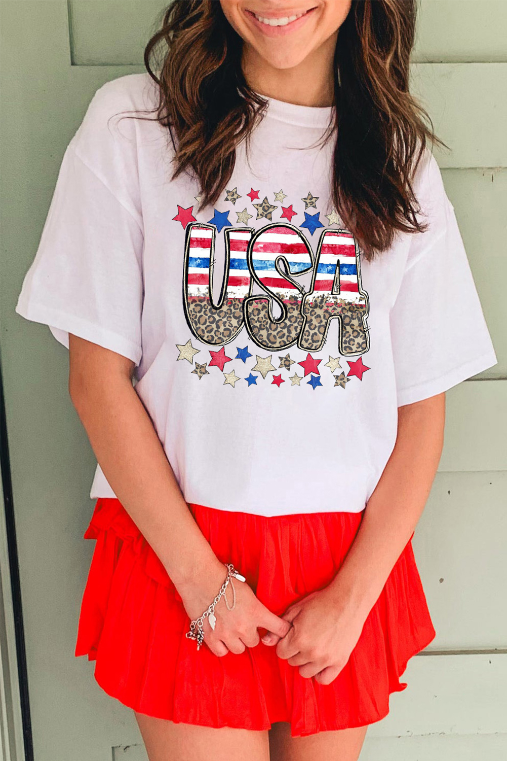 White Patriotic Star Leopard USA Letter Graphic T Shirt
