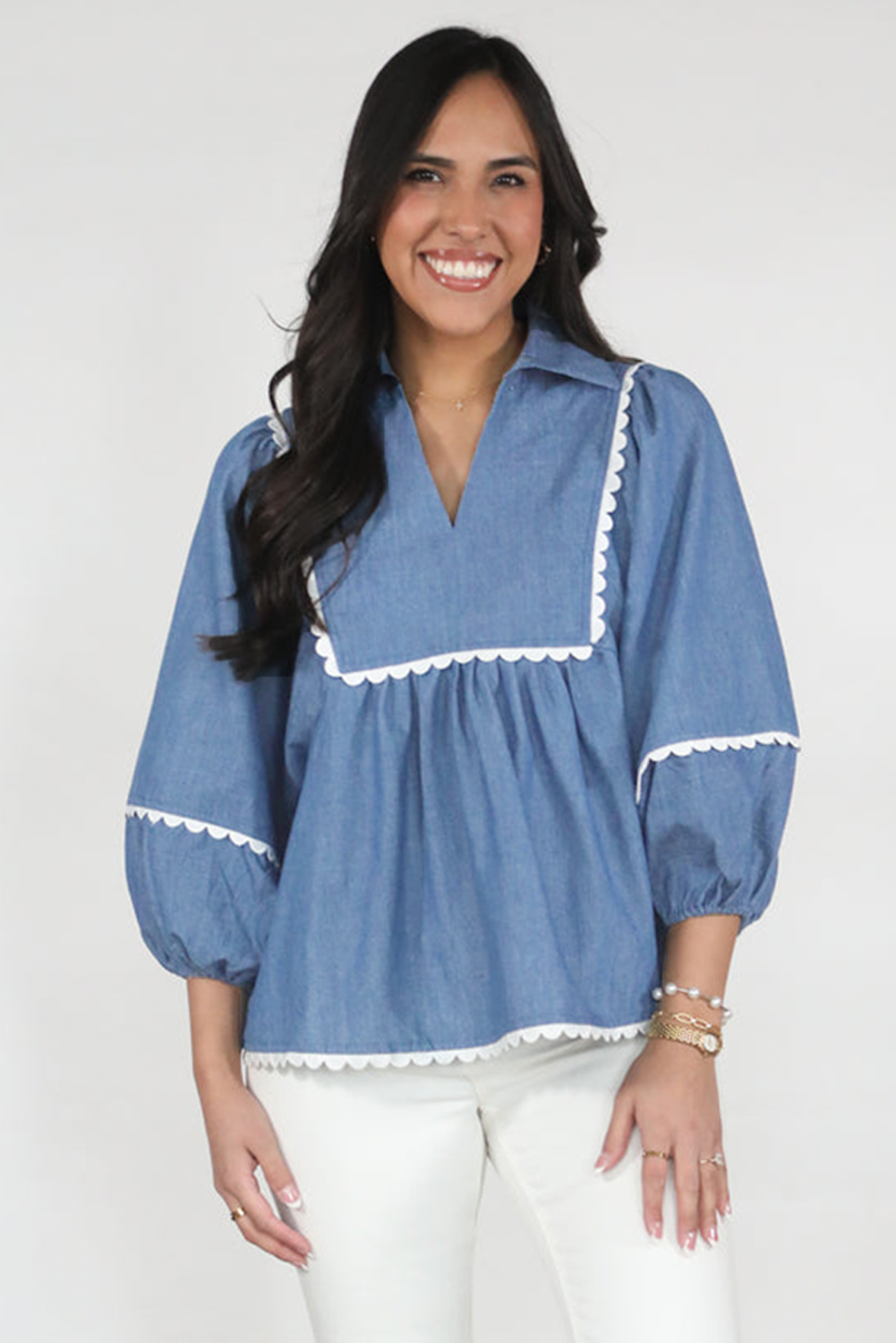Dusk Blue Lace Ric Rac 3/4 Puff Sleeve Collared Babydoll Blouse