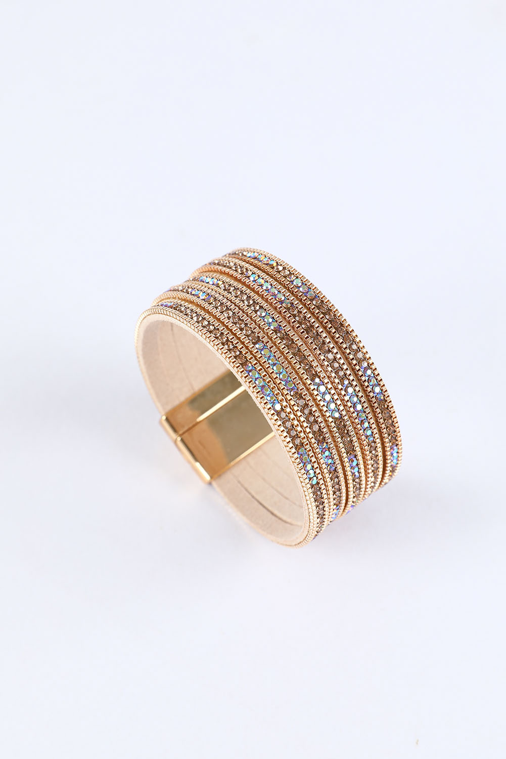 Gold Full Diamond Leather Wide Plated Magnetic Buckle Bracelet