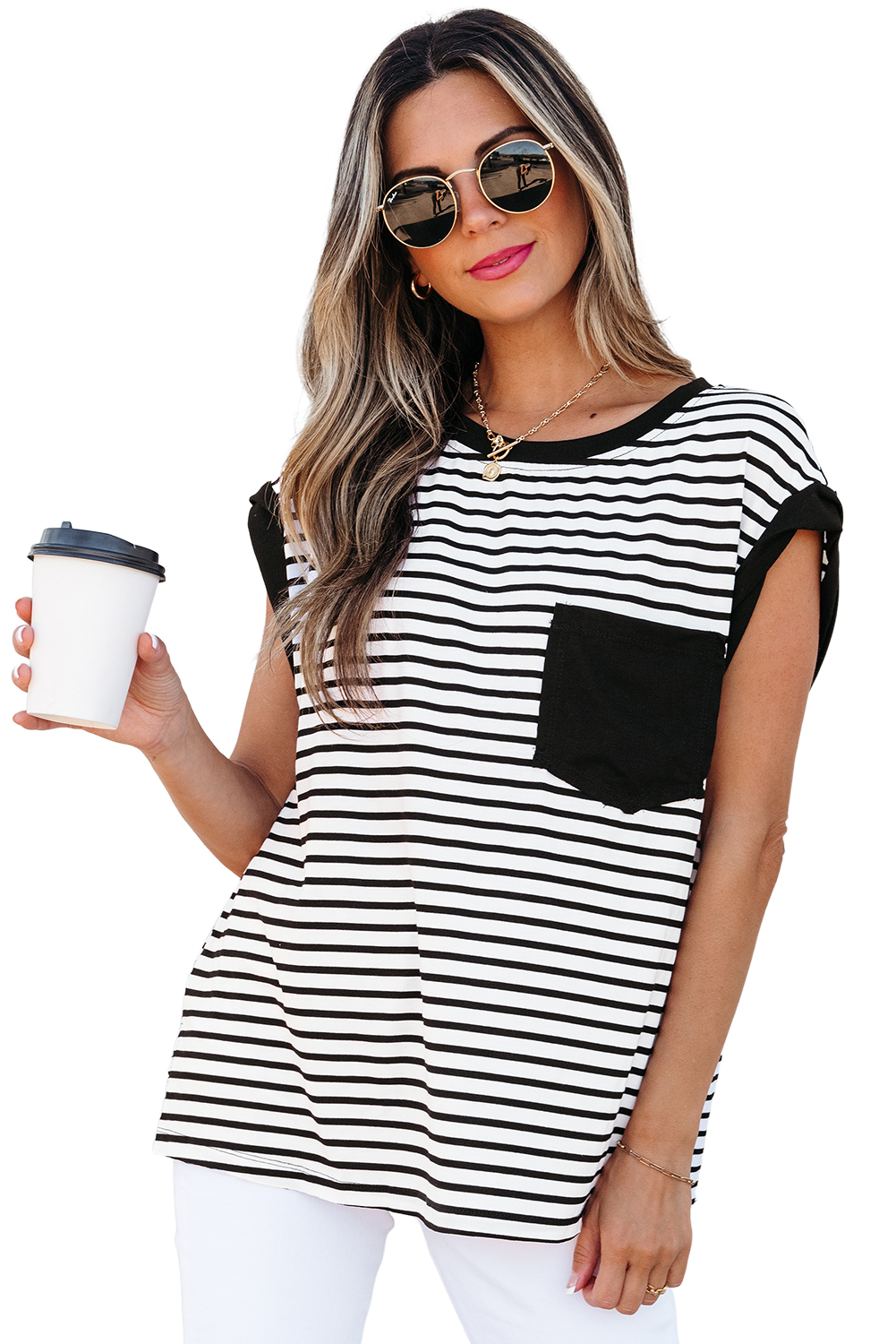 Red Stripe Chest Pocket Patch Round Neck Tank Top