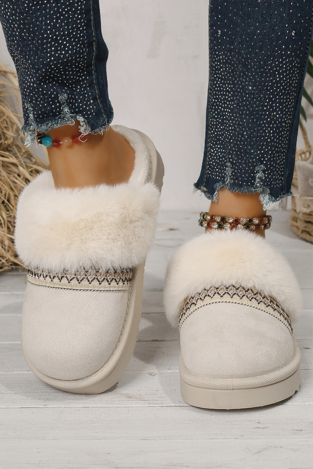 White Faux Suede Plush Trim Ethnic Mule Slippers