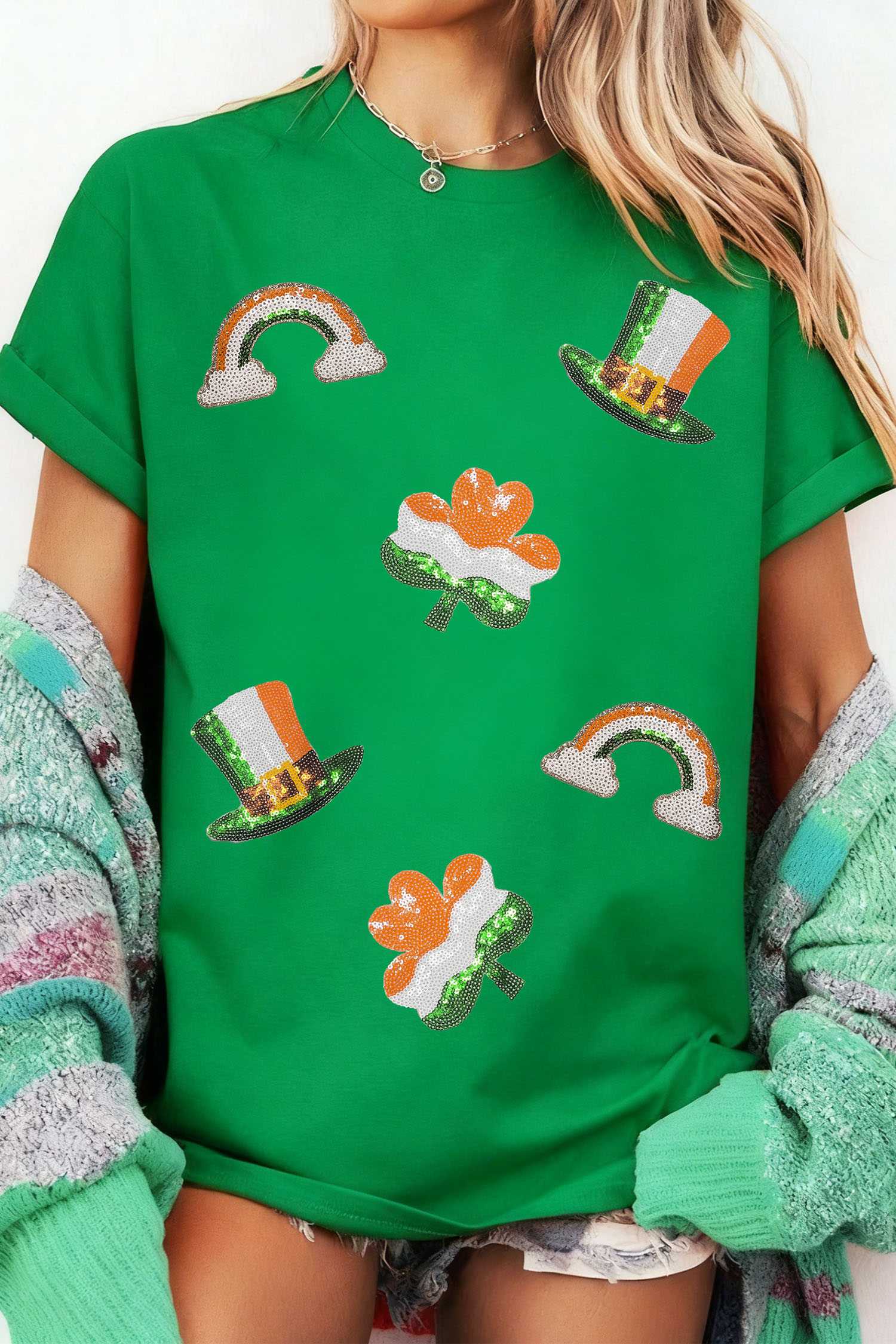 Bright Green St Patricks Day Elements Sequin Graphic Tee
