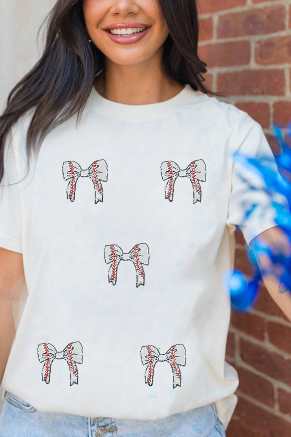 Black Glitter Baseball Bow Patched Cotton Blend T Shirt