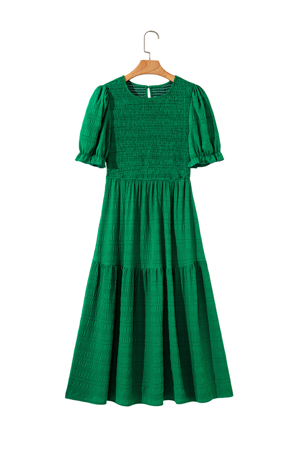 Dark Green Textured Ruffled Sleeve Round Neck Top
