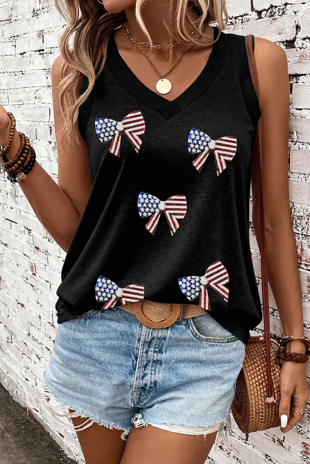 Black Flag Inspired Sequin Bow Patched V Neck Tank Top