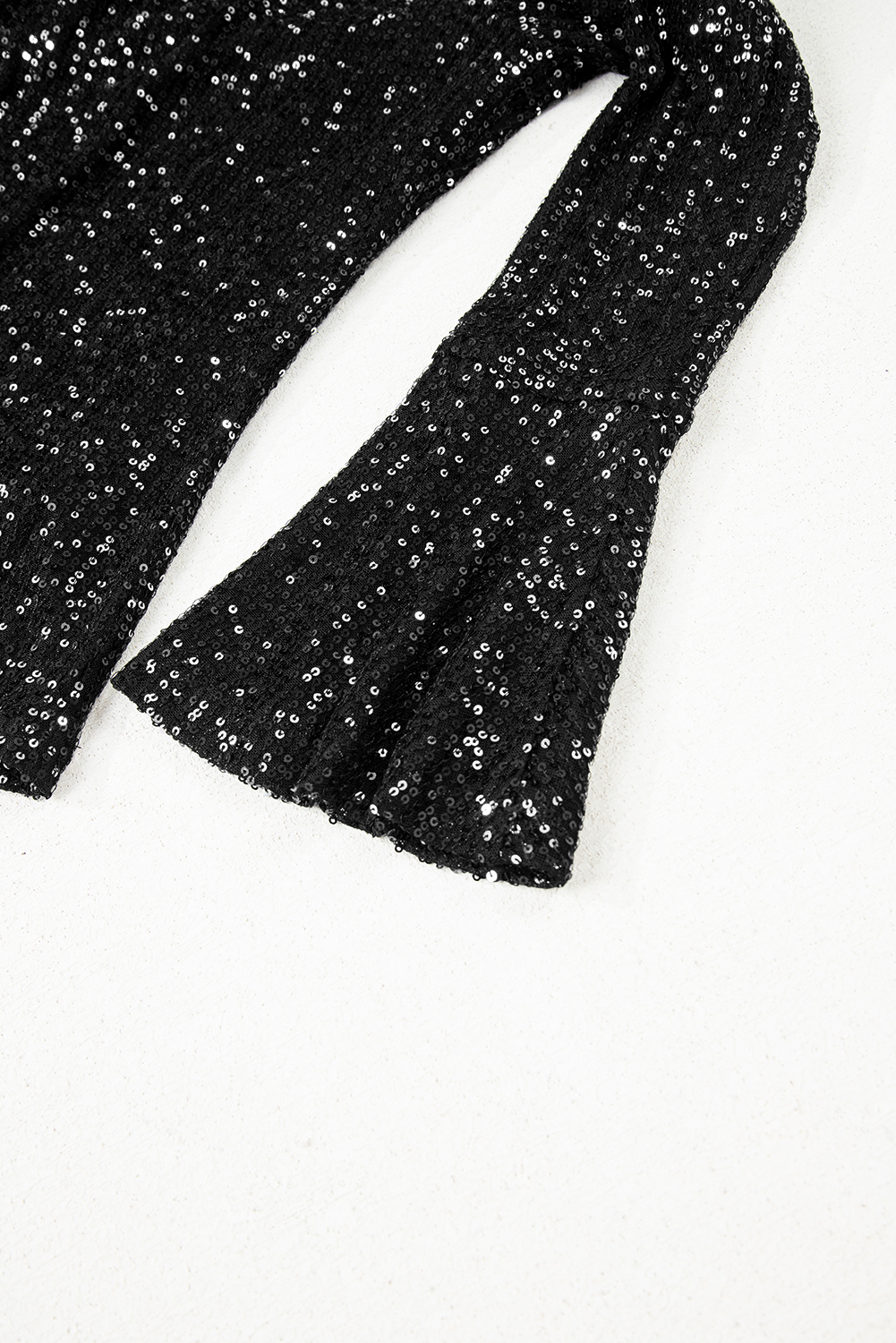 Jet Stream Sequin Mock Neck Drape Open Back Bell Sleeve Top