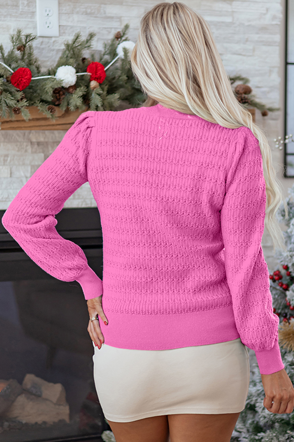 Fiery Red Trendy Pattern Knit Ribbed Cuffs Crew Neck Sweater