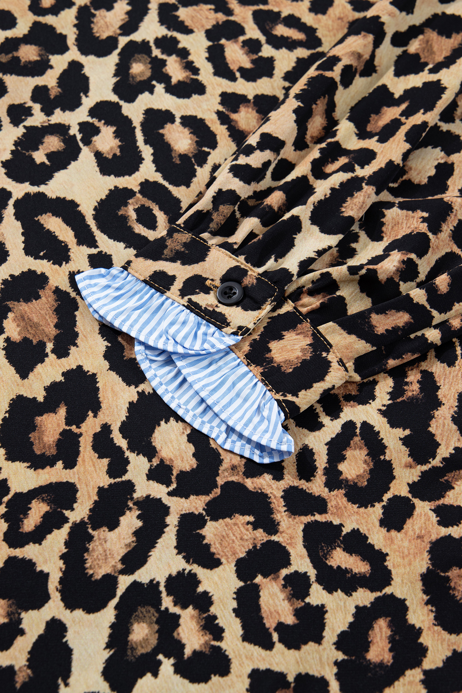 Brown Wild Leopard Print Contrast Striped Frilled Trim Chic Shirt