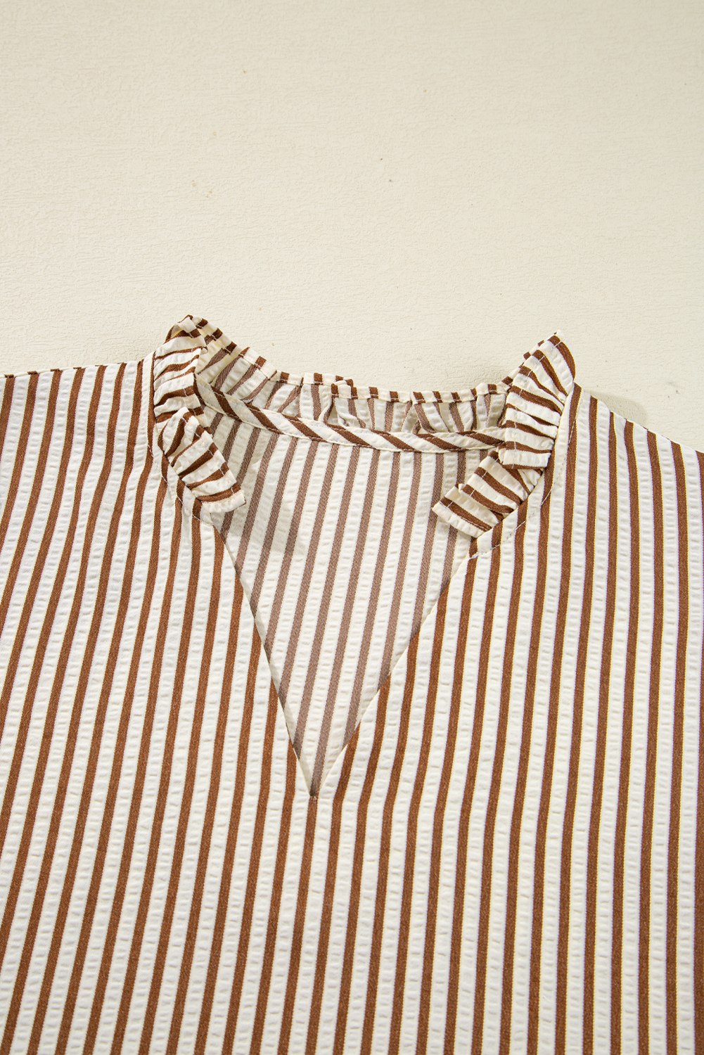 Straw Yellow Striped Print Tied Cuffs Split Neck Seersucker Blouse