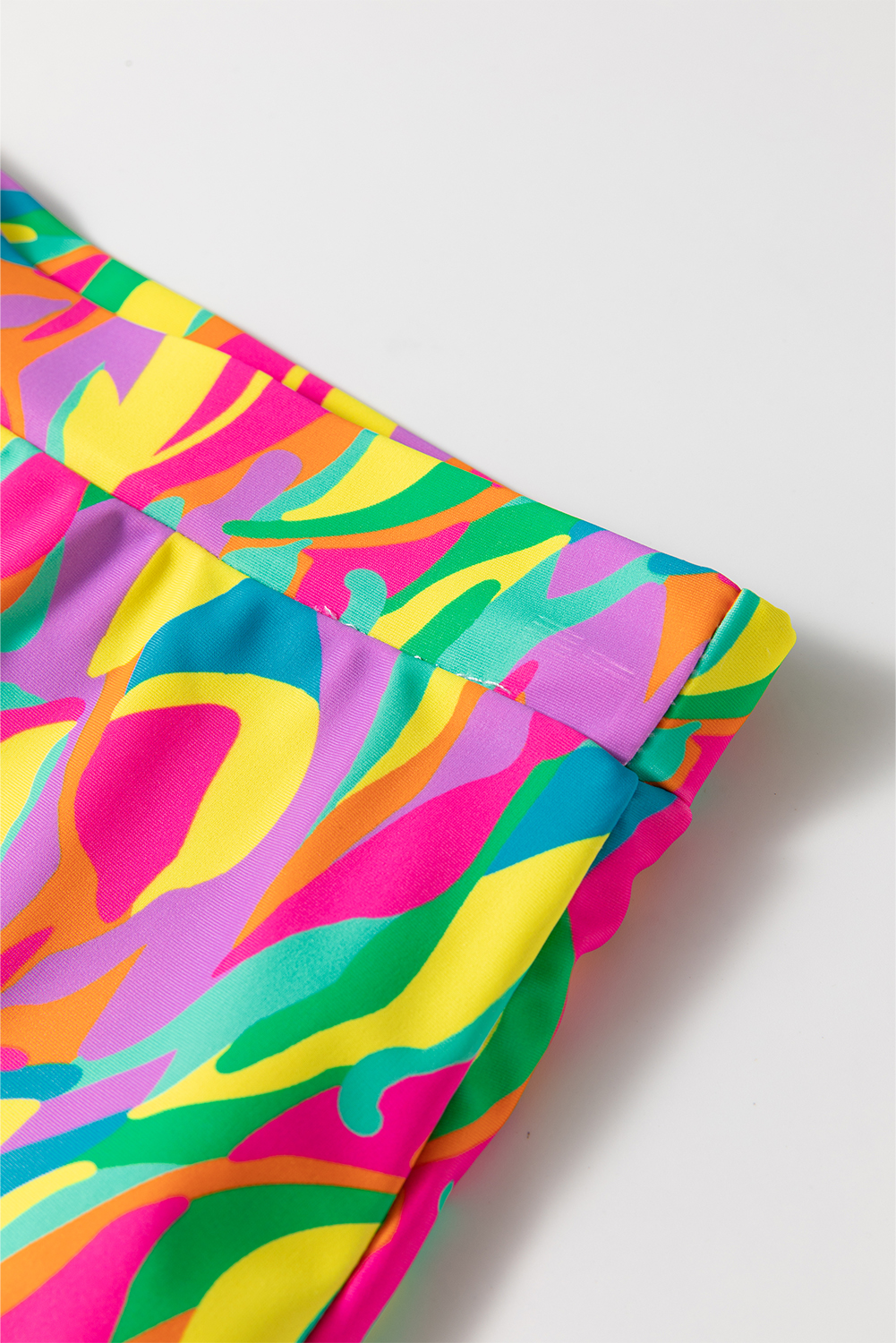 Multicolour Abstract Print Textured Spaghetti Strap High Waist Bikini Set