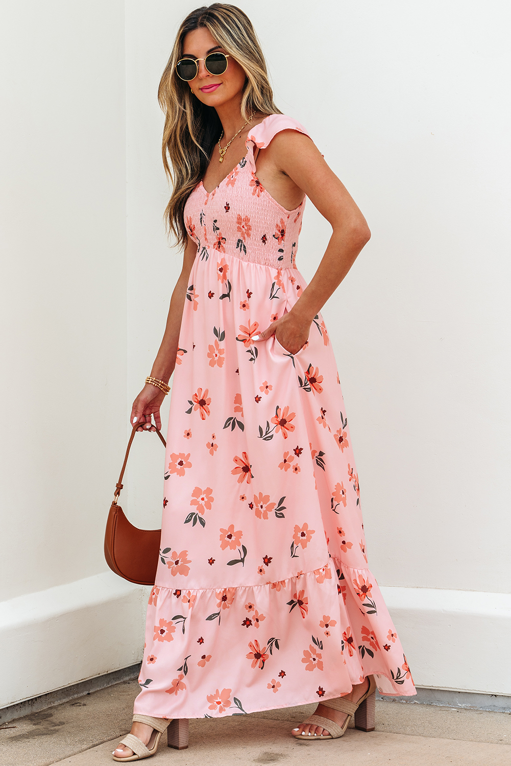 Black V Neck Flutter Sleeve Smocked Bodice High Waist Ruffle Maxi Dress