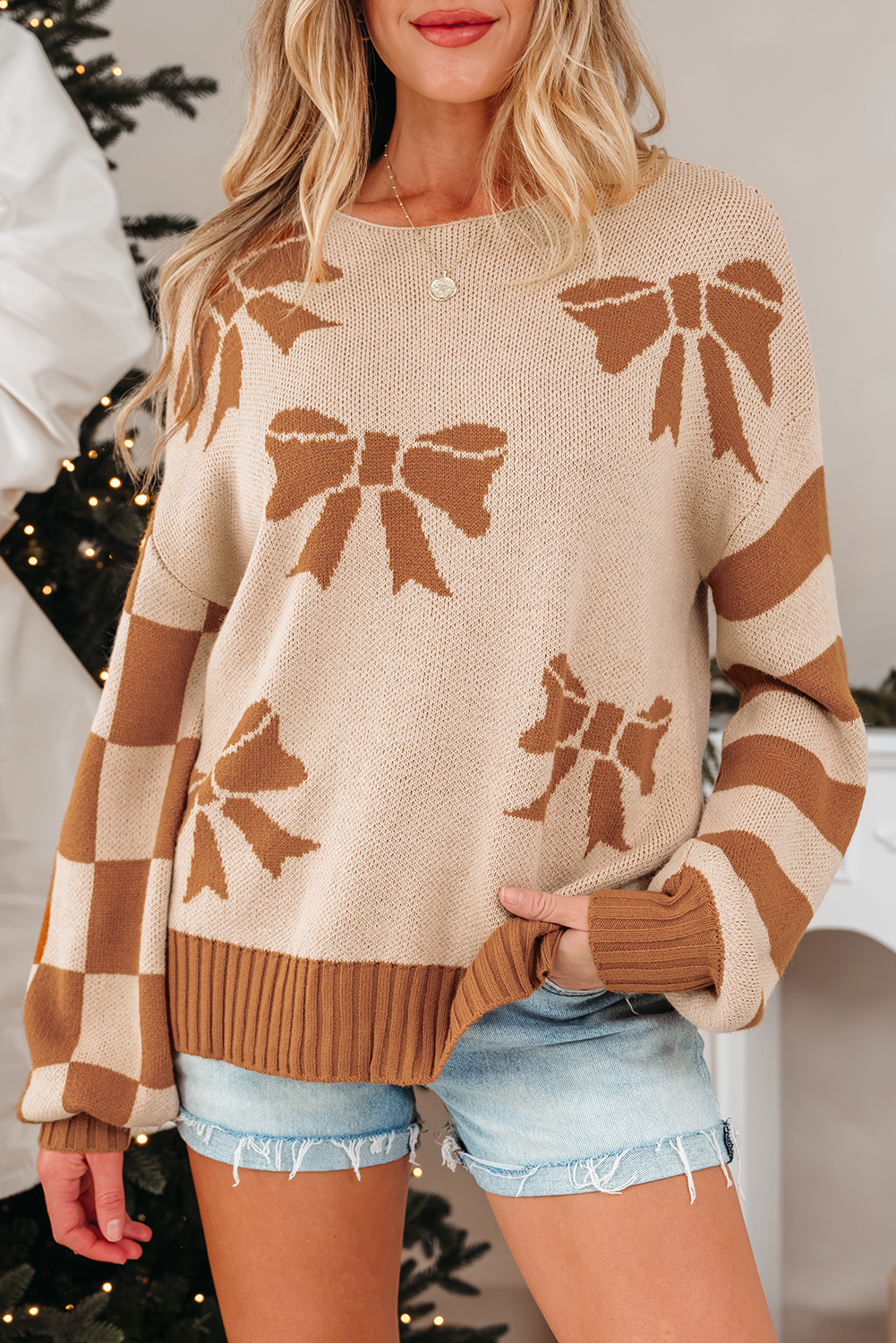 Straw Yellow Ribbon Bow Print Checkered Striped Sleeve Drop Shoulder Sweater