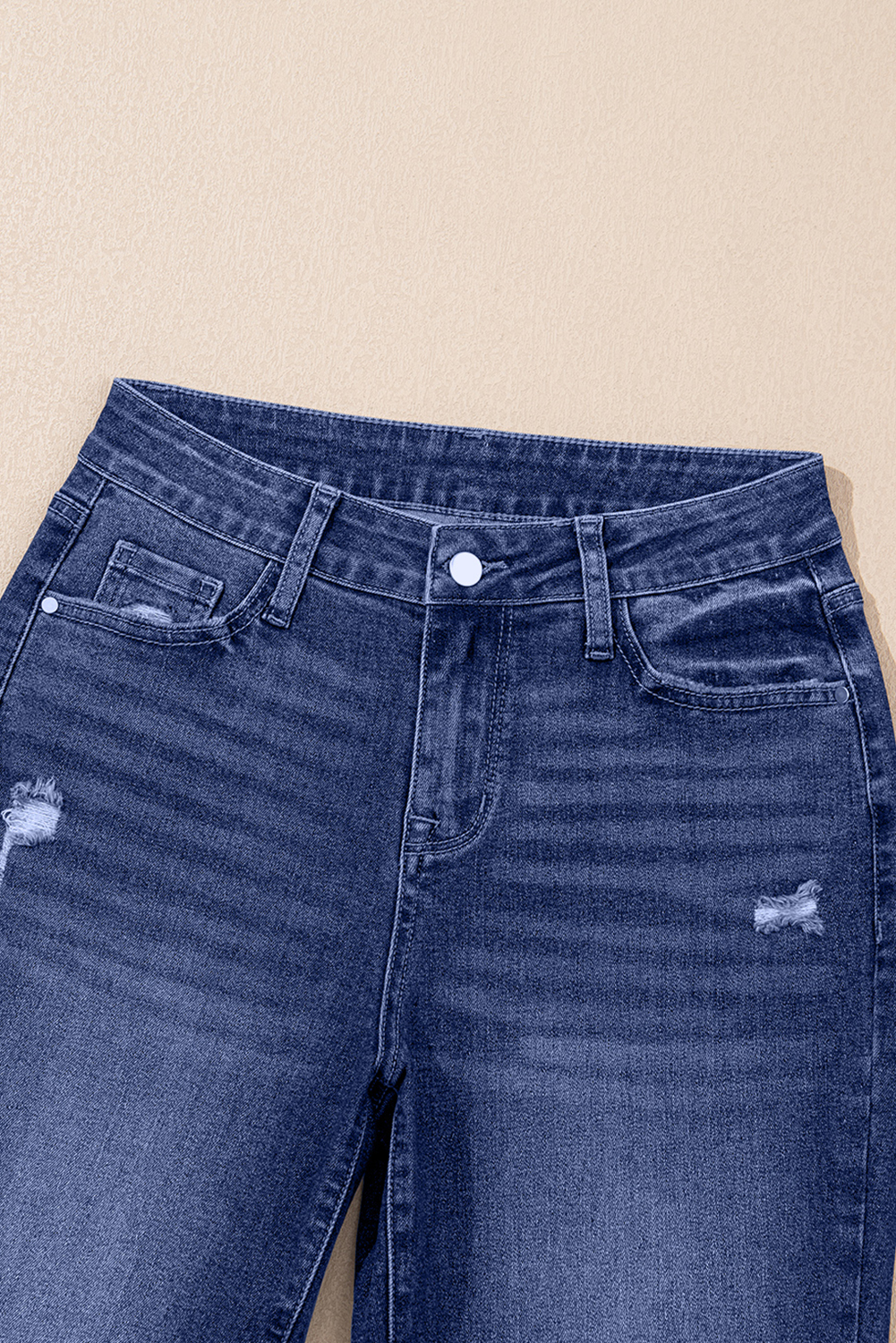 Real Teal Folded Cuffs Distressed Straight High Waist Jeans