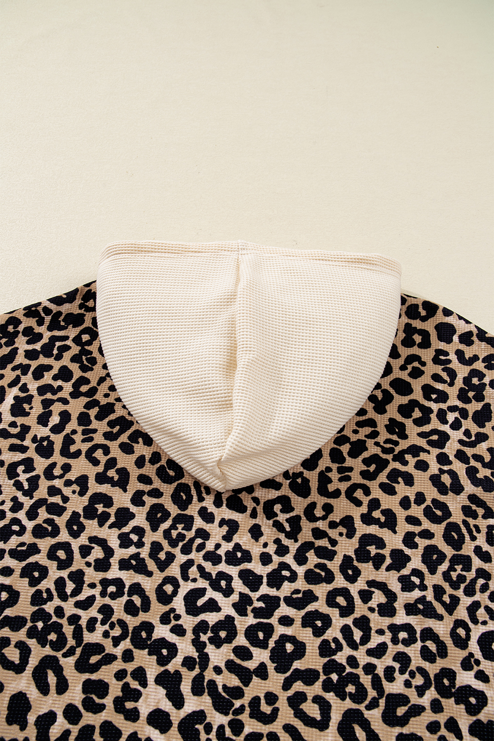 Leopard Print Waffle Contrast Kangaroo Pocket Hooded Sweatshirt