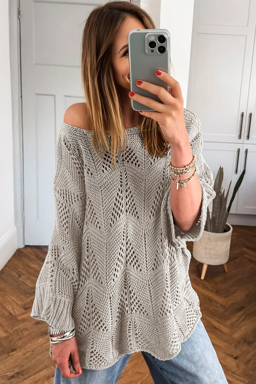 Navy Blue Hollow Out Knit 7/8 Sleeve Casual Sweater