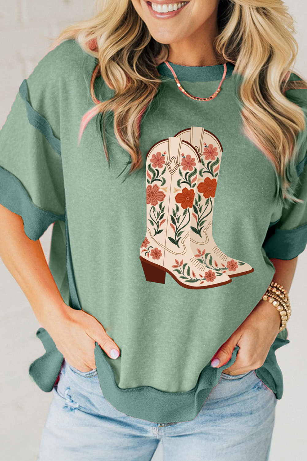 Smoke Green Floral Boots Printed Raw Seam Mix Texture Patchwork Tee