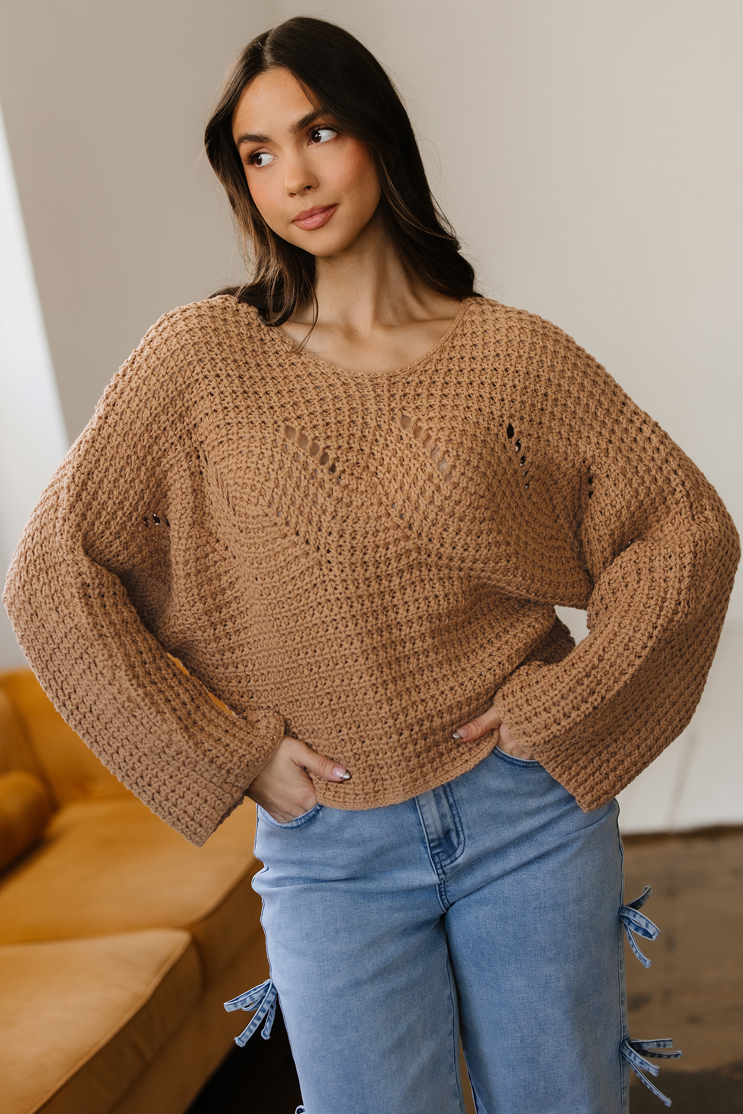 Camel Hollowed Detail Wide Sleeve Loose Pullover Sweater