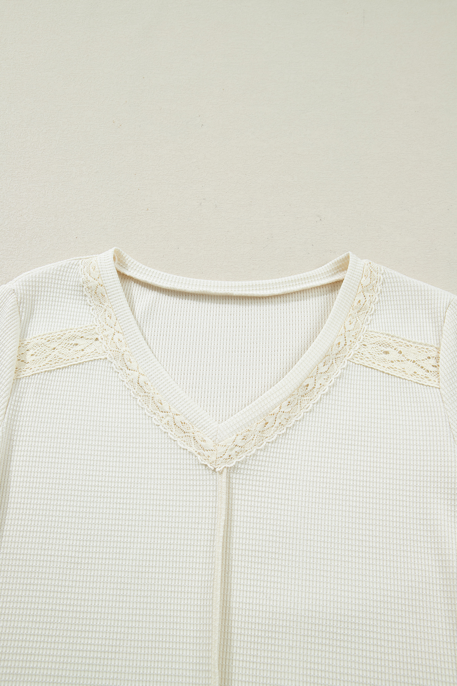 Beige Thermal Knit Lace Ruched Patchwork Long Sleeve V Neck Top