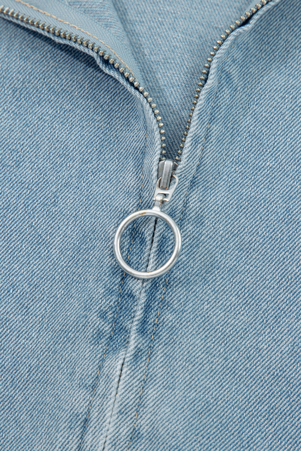 Myosotis Elastic Edge Collared Zip Up Denim Jacket With Pocket