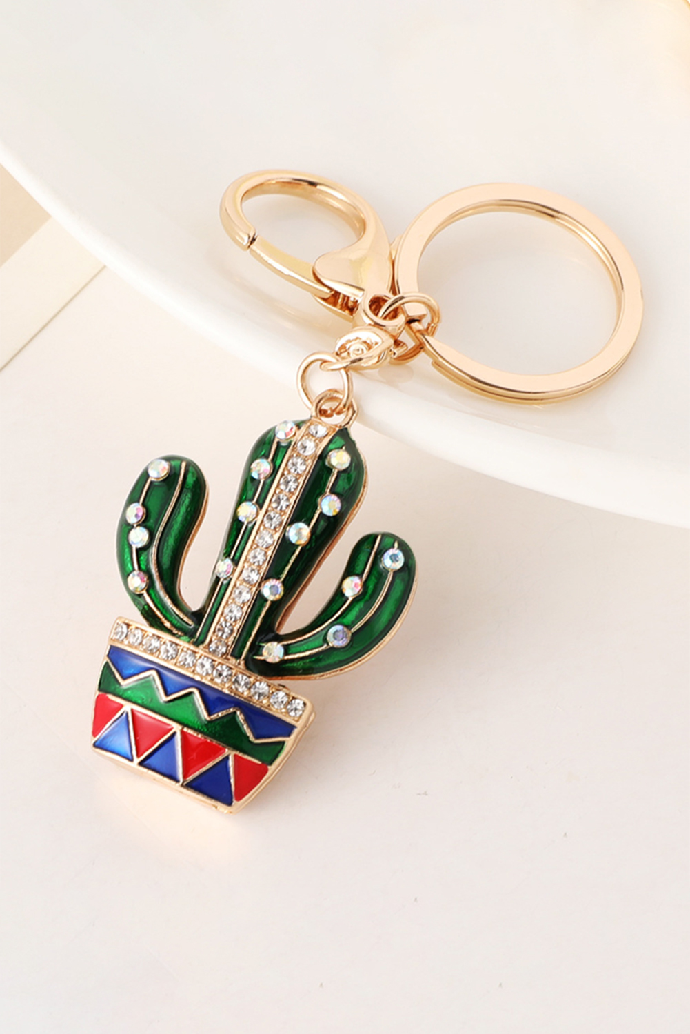 Gold Western Cactus Rhinestone Decor Keychain