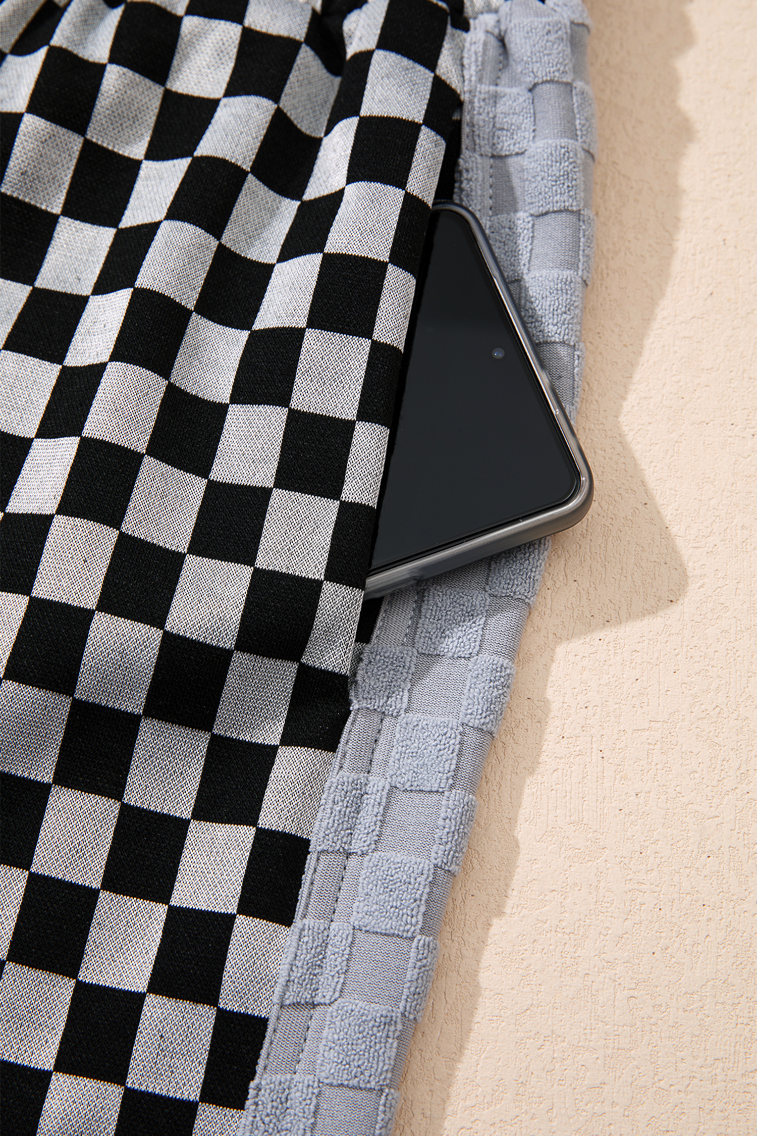 White Checkerboard Drawstring Waist Casual Pants