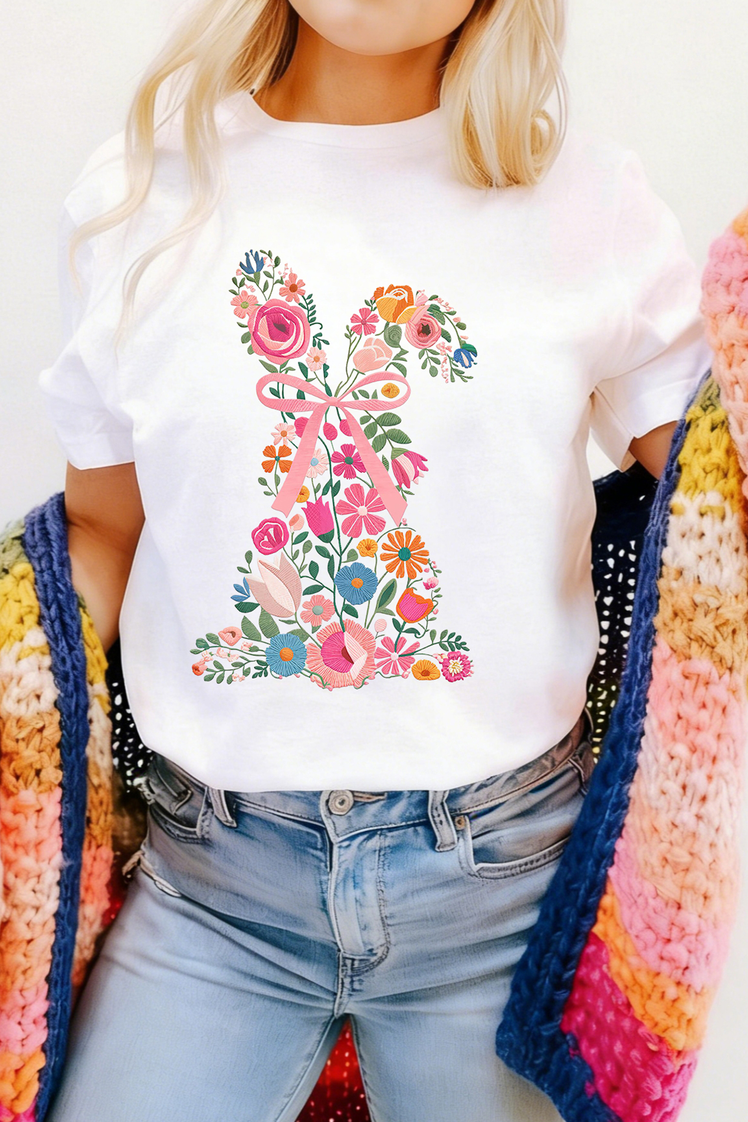 White Floral Easter Bunny Casual Graphic Tee