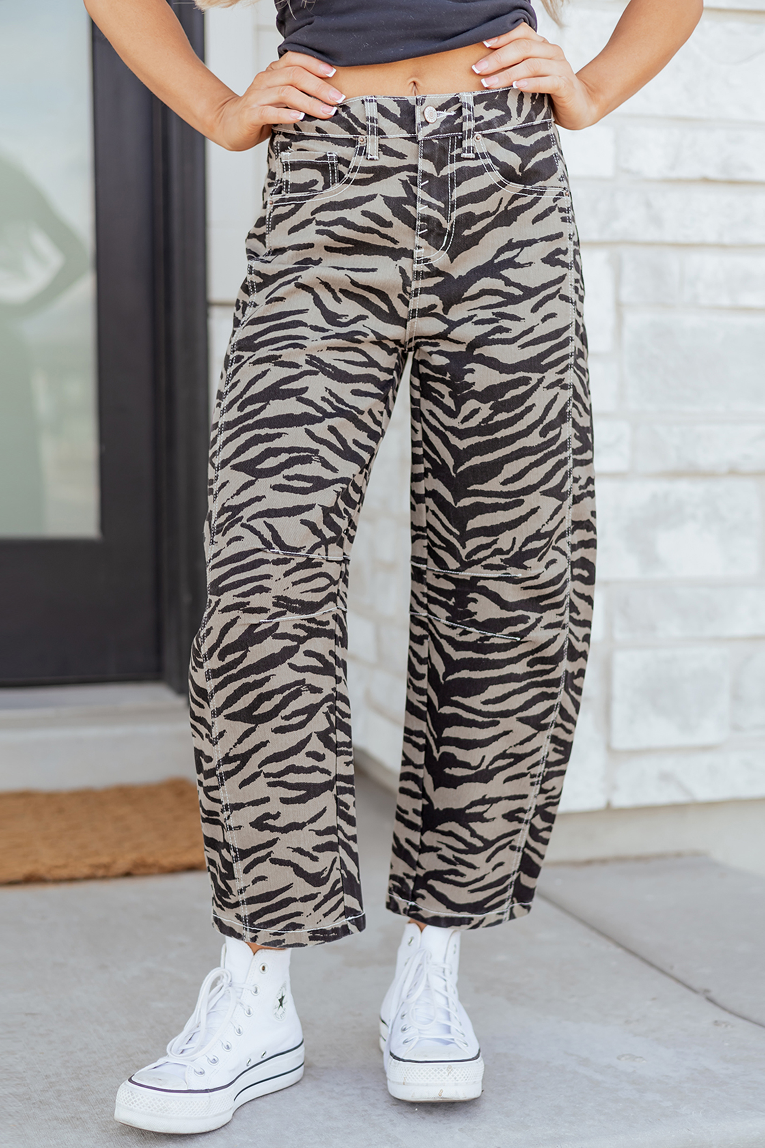 Gray Zebra Stripe Printed Wide Leg Jeans