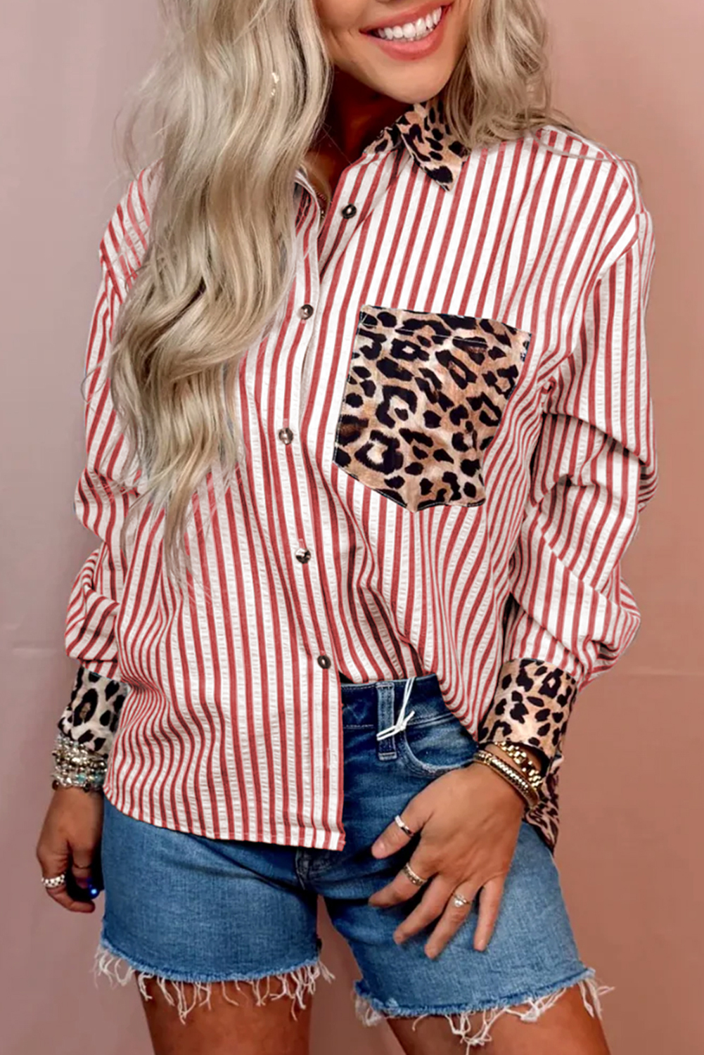 Racing Red Striped Leopard Print Patchwork Button Up Womens Shirt