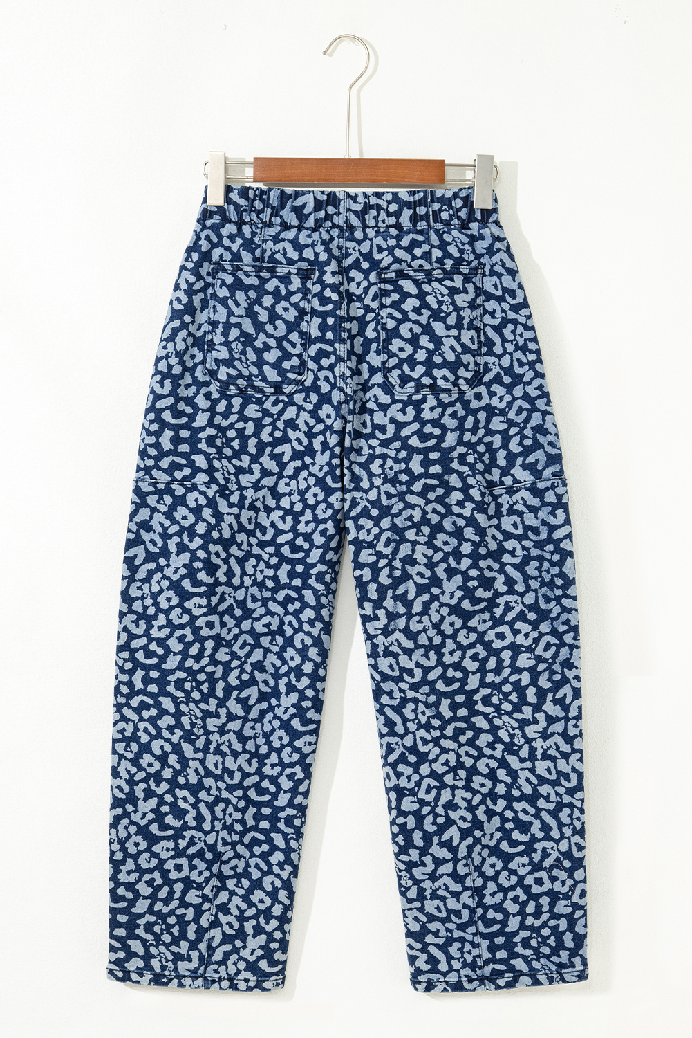 Khaki Leopard Printed Drawstring Elastic Waistband Pocketed Wide Leg Jeans