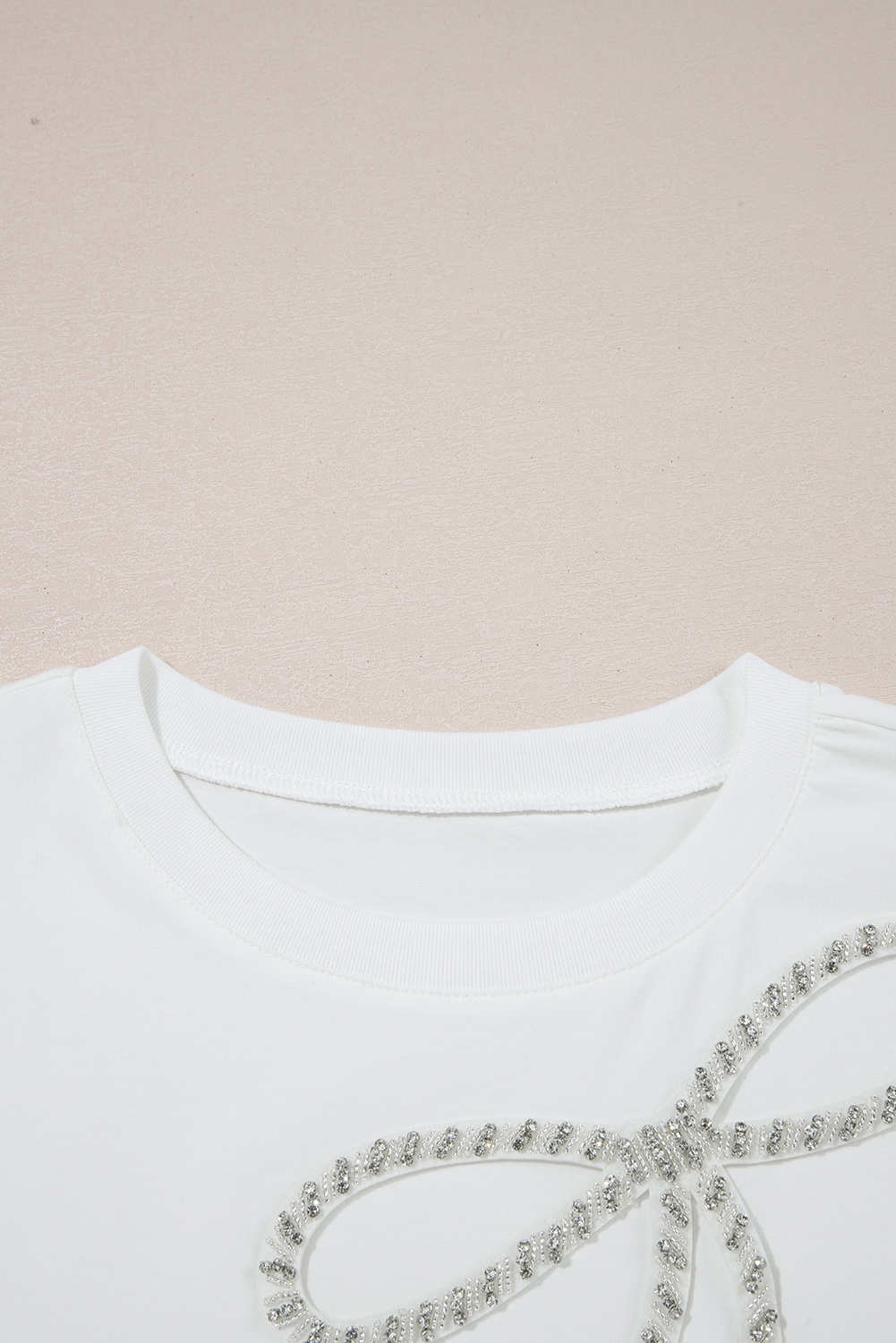 White Rhinestone Bow Embellished Round Neck Tee