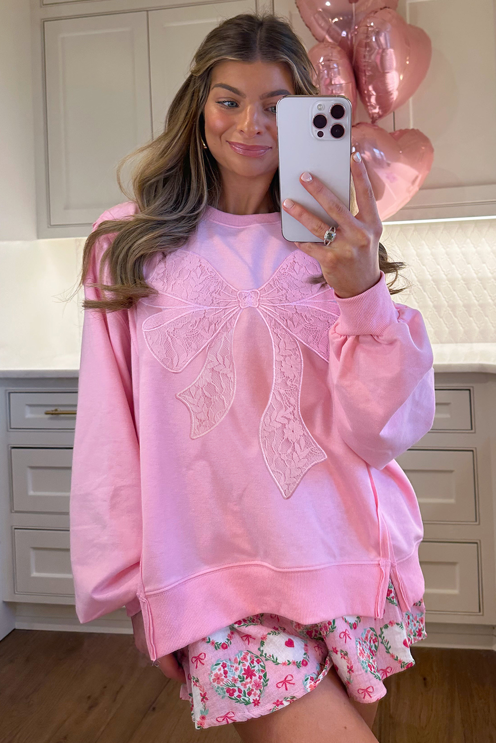 Bonbon Lace Insert Bow Embroidered Exposed Seam Sweatshirt