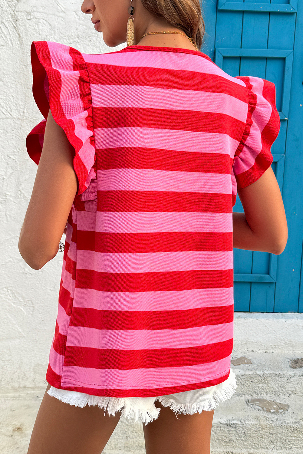 Green Stripe Flutter Sleeve Round Neck Shift Dress